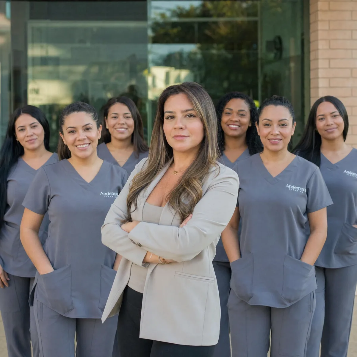 Rayane Moura and the Andemora Cleaning team in uniform