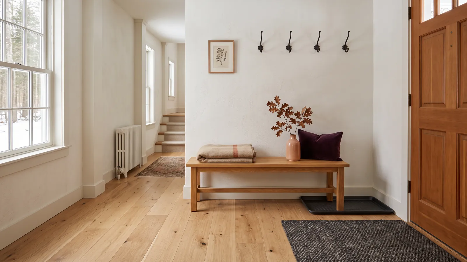 A rental entryway in winter with a washable mat, oak bench, empty coat hooks and a dry boot tray.