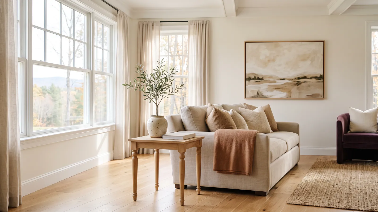 A living room ready for a showing, with clean oak floors, a linen sofa and sunlit windows.