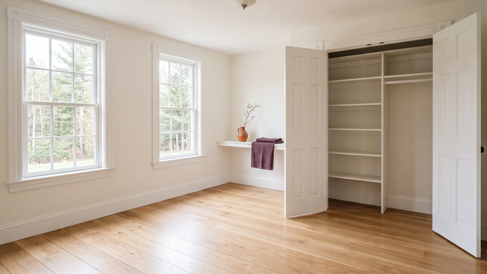 An empty, freshly cleaned bedroom with bare oak floors and an open closet.