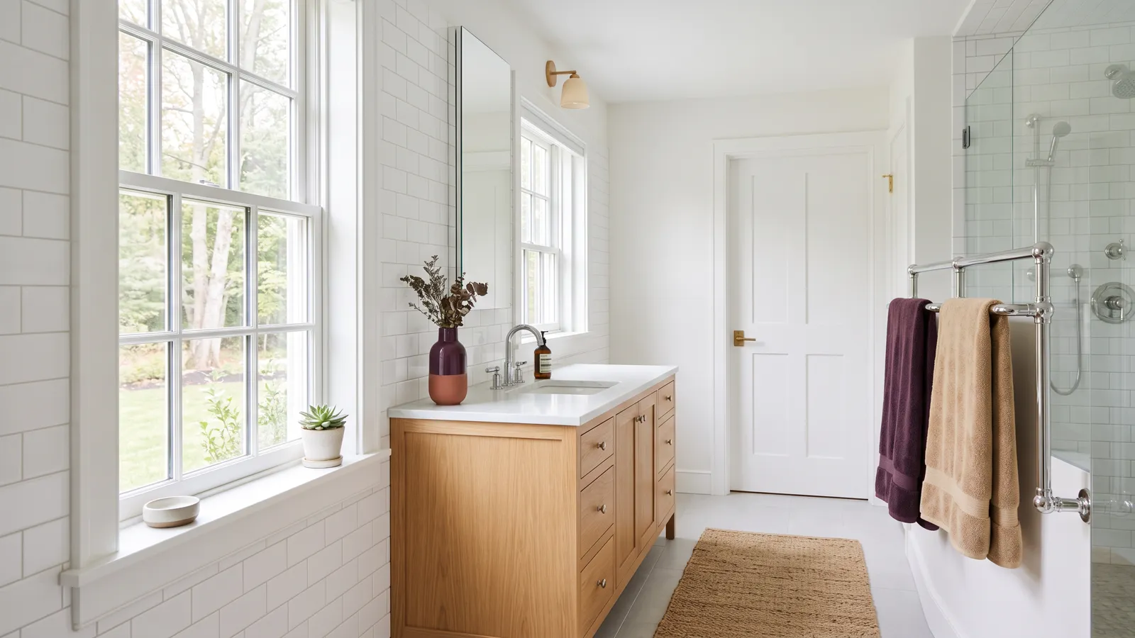 A freshly cleaned bathroom with clean grout, a streak-free mirror and folded towels.