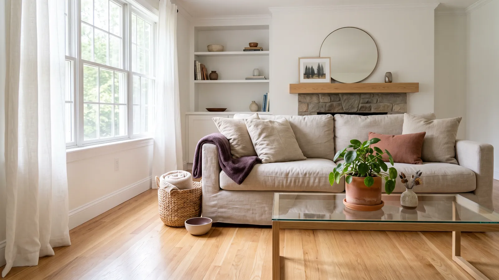 A sunlit living room with a linen sofa, clear glass table and dust-free oak baseboards.
