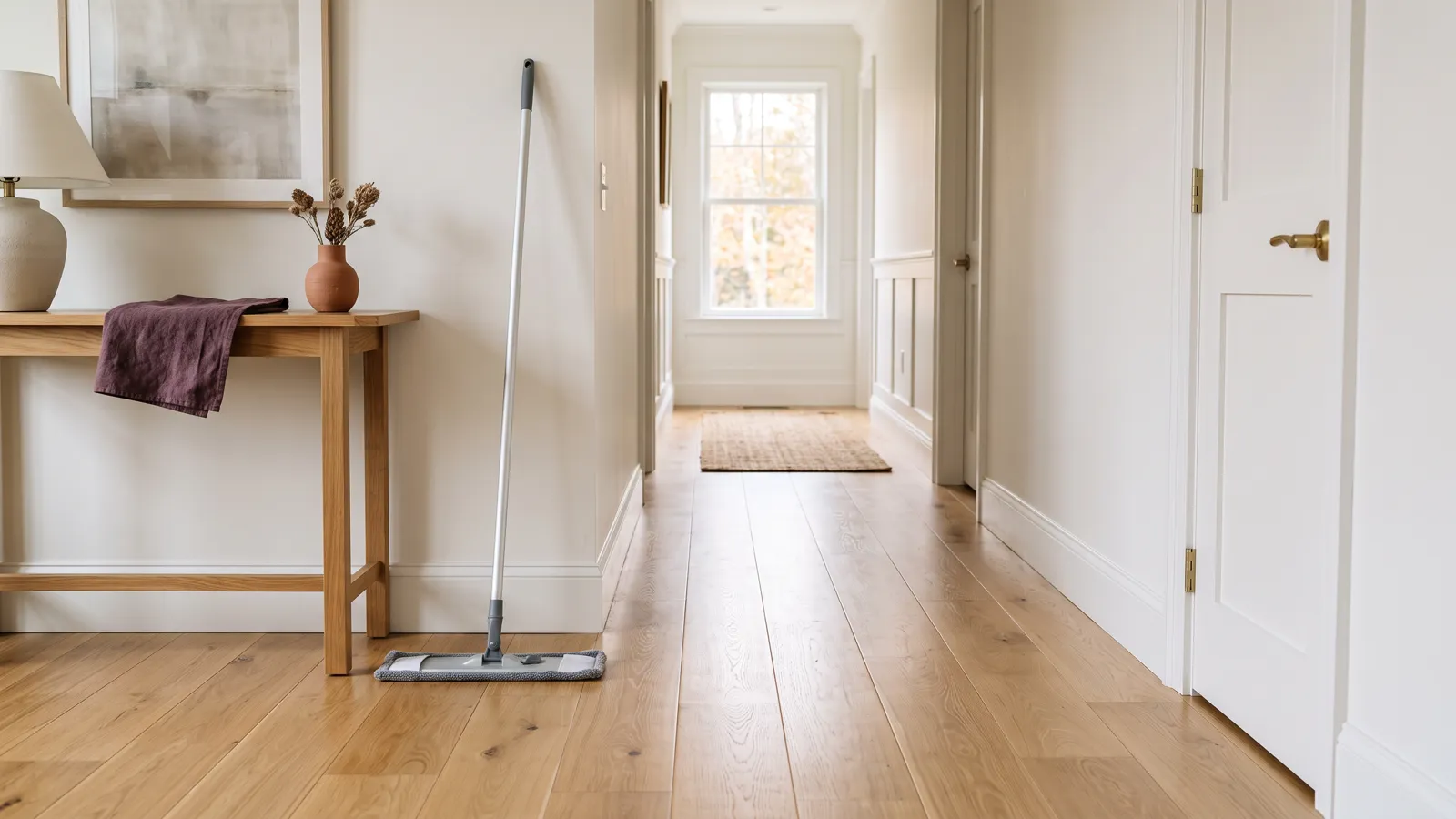 A gleaming, clean oak hardwood floor in a sunlit hallway.