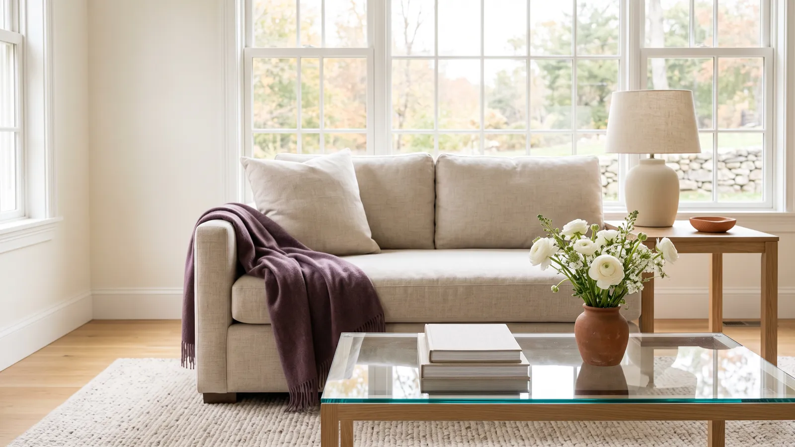 A serene, immaculately clean living room with a linen sofa and fresh flowers.