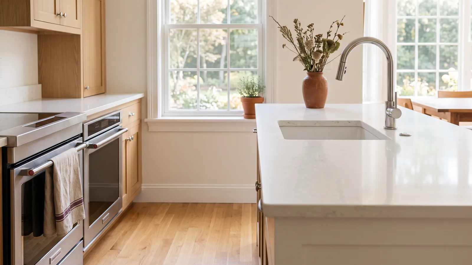 A clean New England kitchen with cleared counters, a polished faucet and a light oak floor.