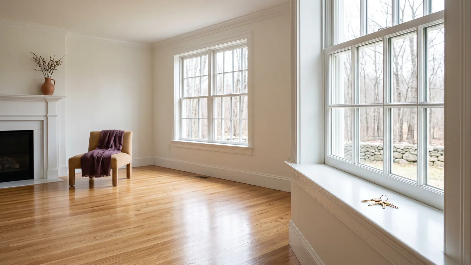 An empty, freshly cleaned living room with bare hardwood floors and sunlit windows.