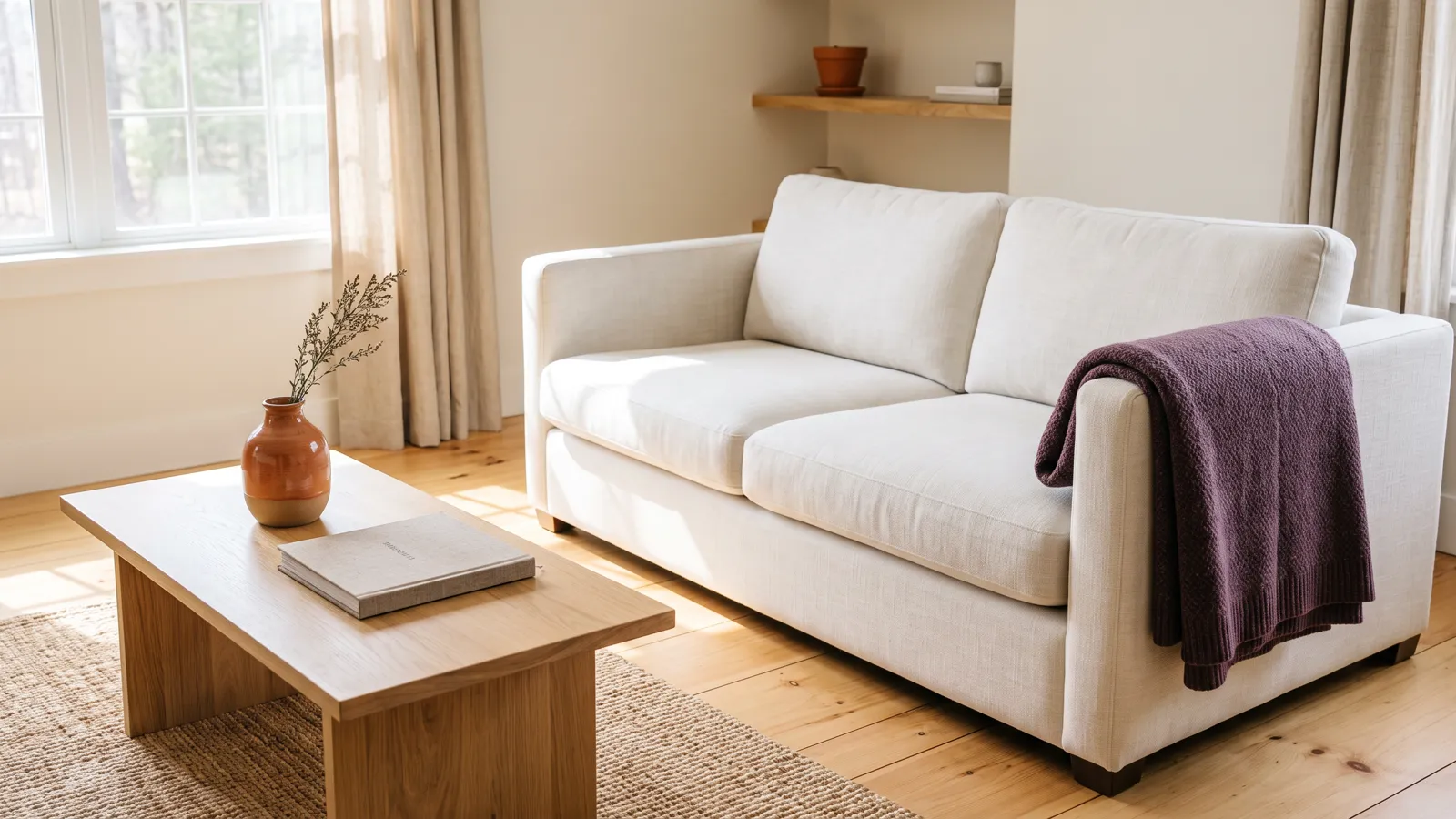 A rental living room with a linen sofa, folded throw and oak coffee table, ready for check-in.